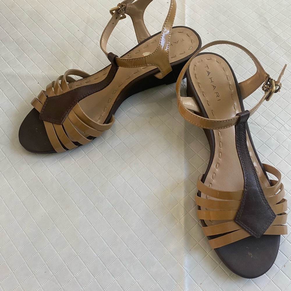 Tahari size 61/2 camel and brown patent leather sandals with wedge heel.